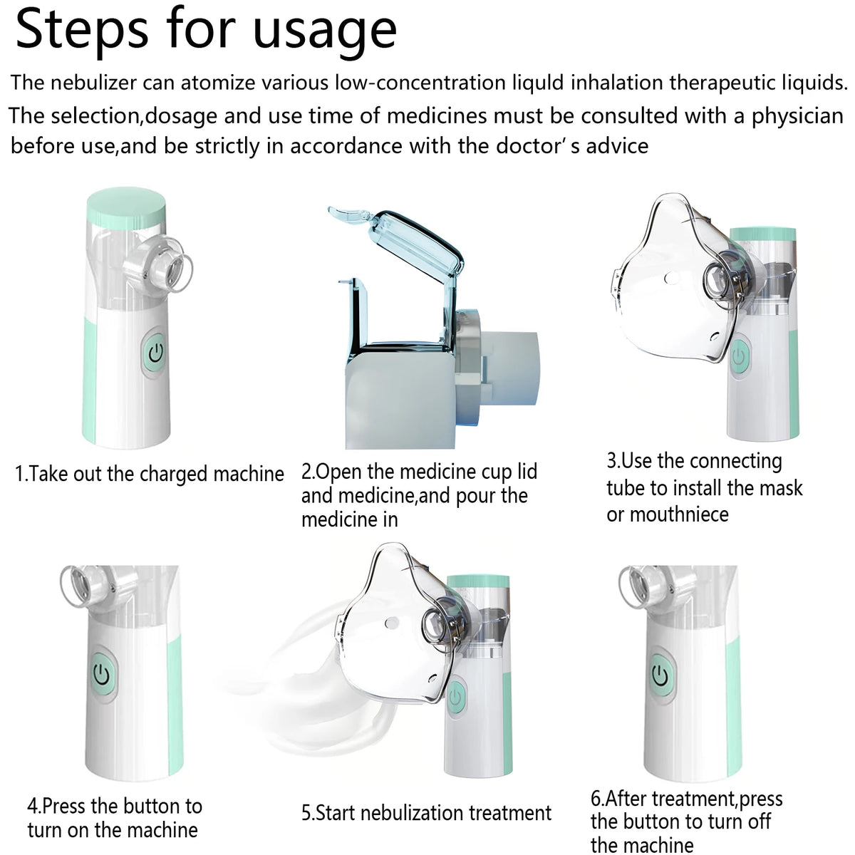 Steps for usage of a portable mesh inhale nebulizer showing preparation and treatment instructions.