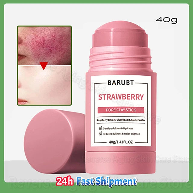 A pink tube of Barubt Strawberry Pore Clay Stick with a round applicator and product details.