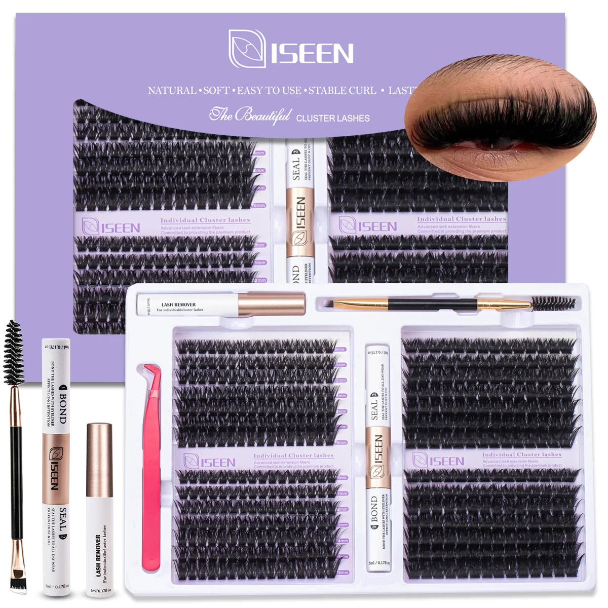 A kit for DIY cluster lashes including bond and seal tweezers and lash fibers.