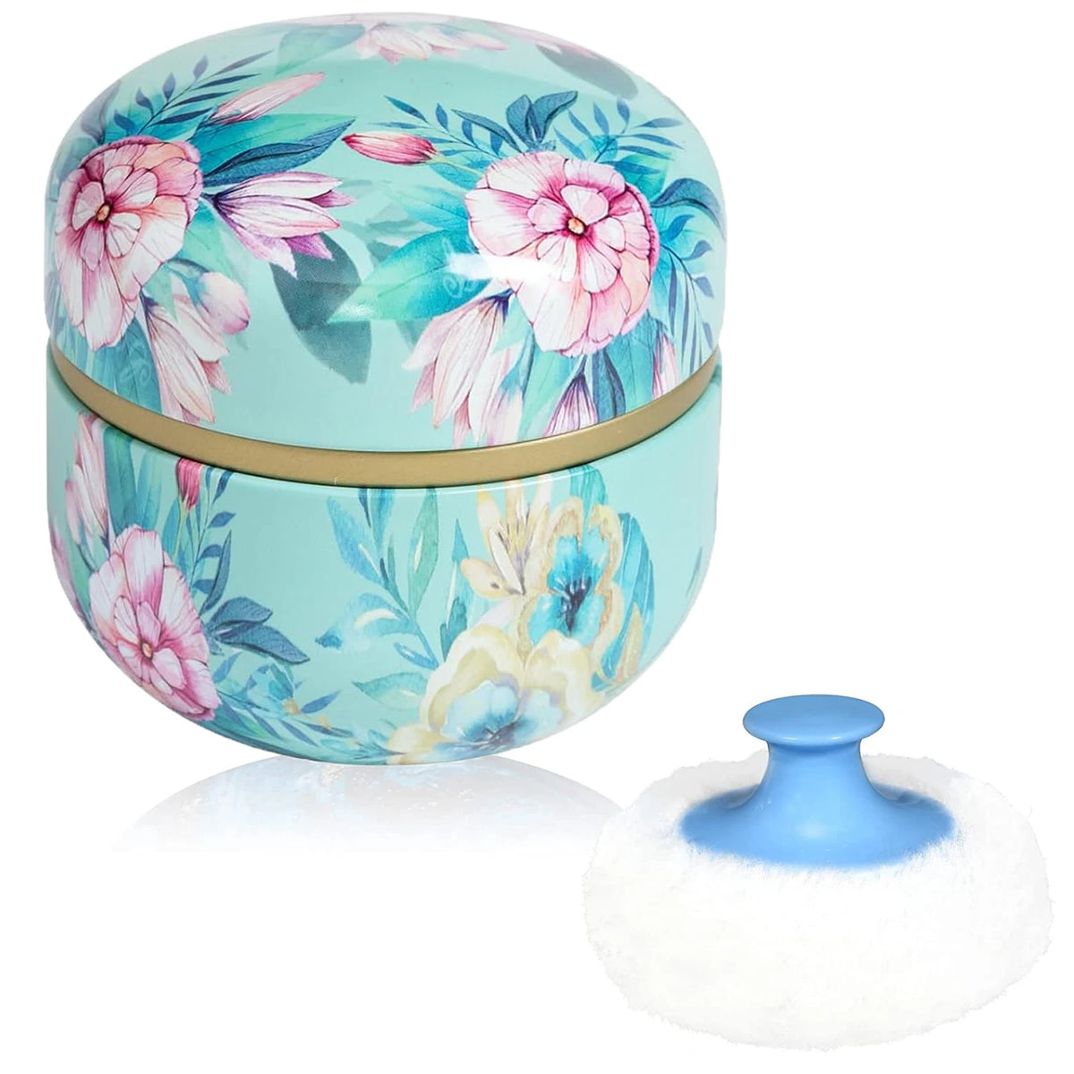 Boîte à poudre de maquillage ronde, bleu sarcelle et rose, avec une mèche blanche amovible.