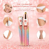 A pink cordless hair remover and eyebrow trimmer shown with various application areas like facial hair, bikini area, thigh, a