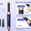 A black hair styling and drying tool with various attachments shown next to instructions on how to change accessories