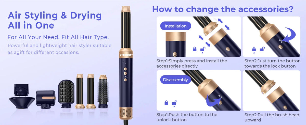 A black hair styling and drying tool with various attachments shown next to instructions on how to change accessories