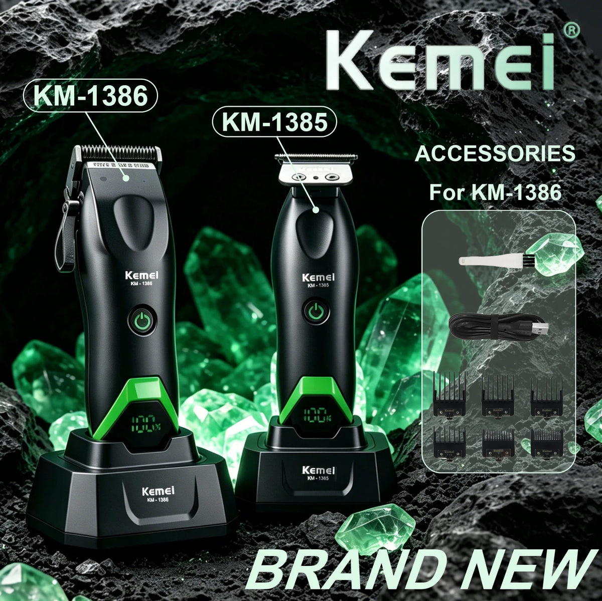 Kemei KM-1386 and KM-1385 electric hair clippers with accessories displayed on a dark background.