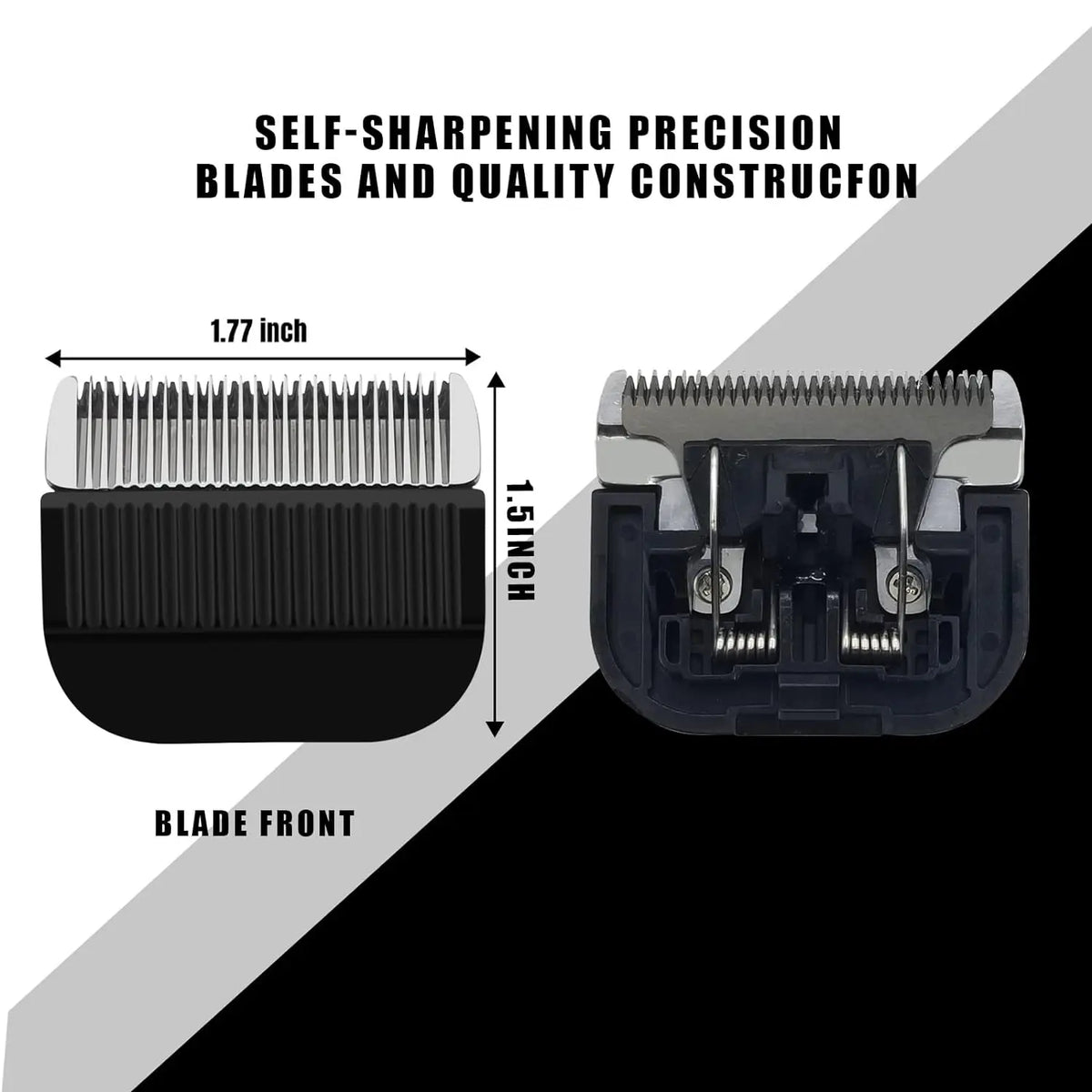 Close-up view of self-sharpening precision blades and quality constructon for hair clippers.