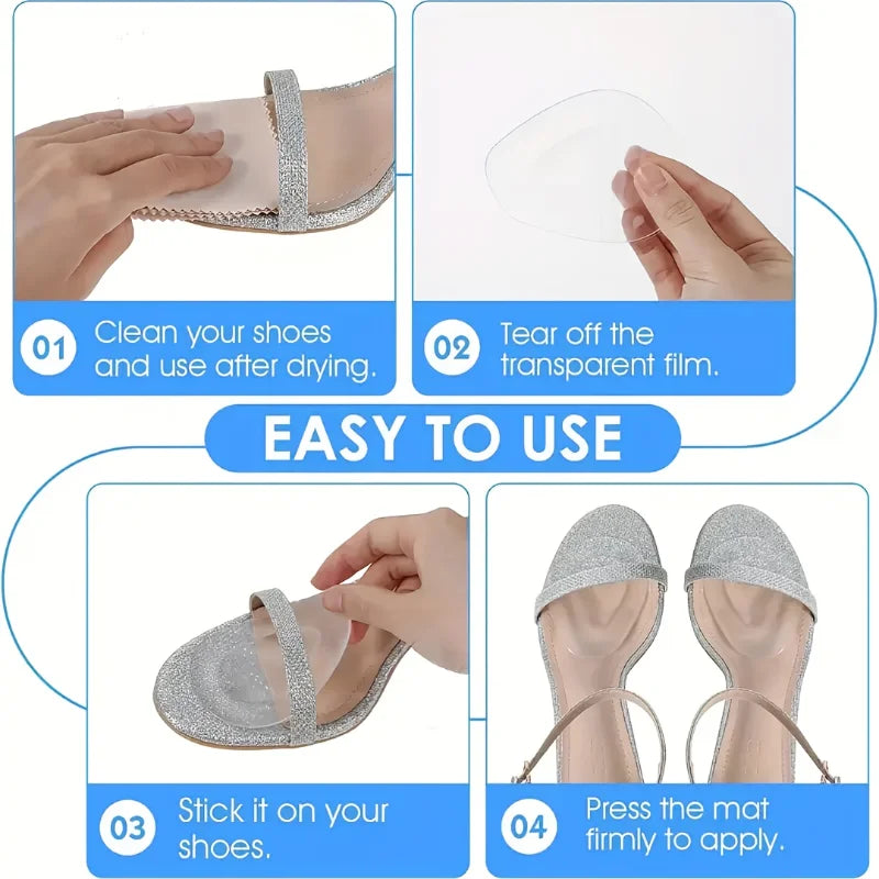 Instructions showing how to clean shoes, tear off a film, stick insoles onto shoes, and press the mat to apply them.