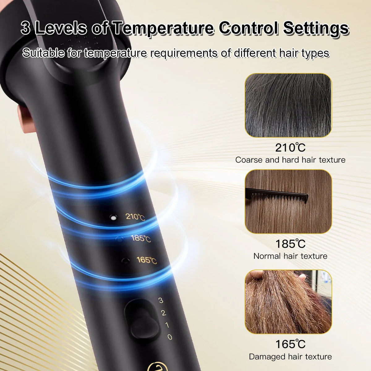 A black ceramic curling iron showing three temperature settings for different hair textures