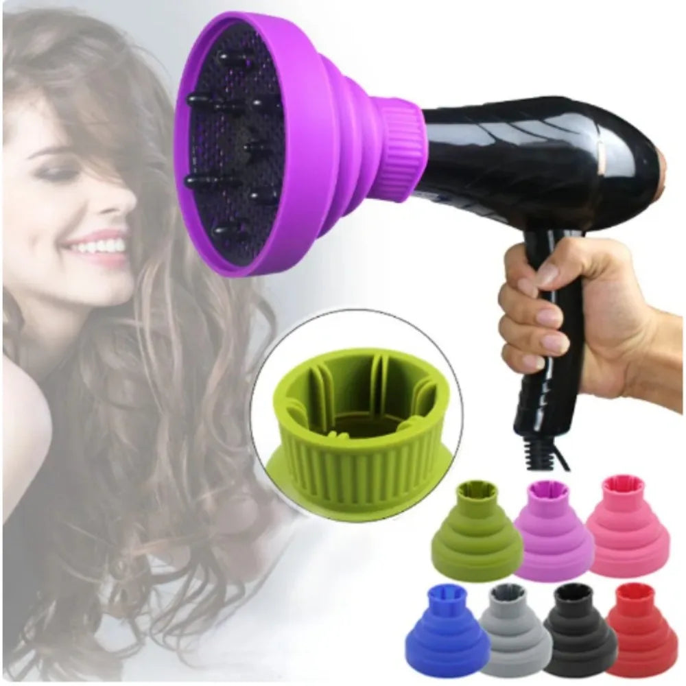 A purple silicone hairdryer diffuser cover and various colored silicone nozzles are shown.