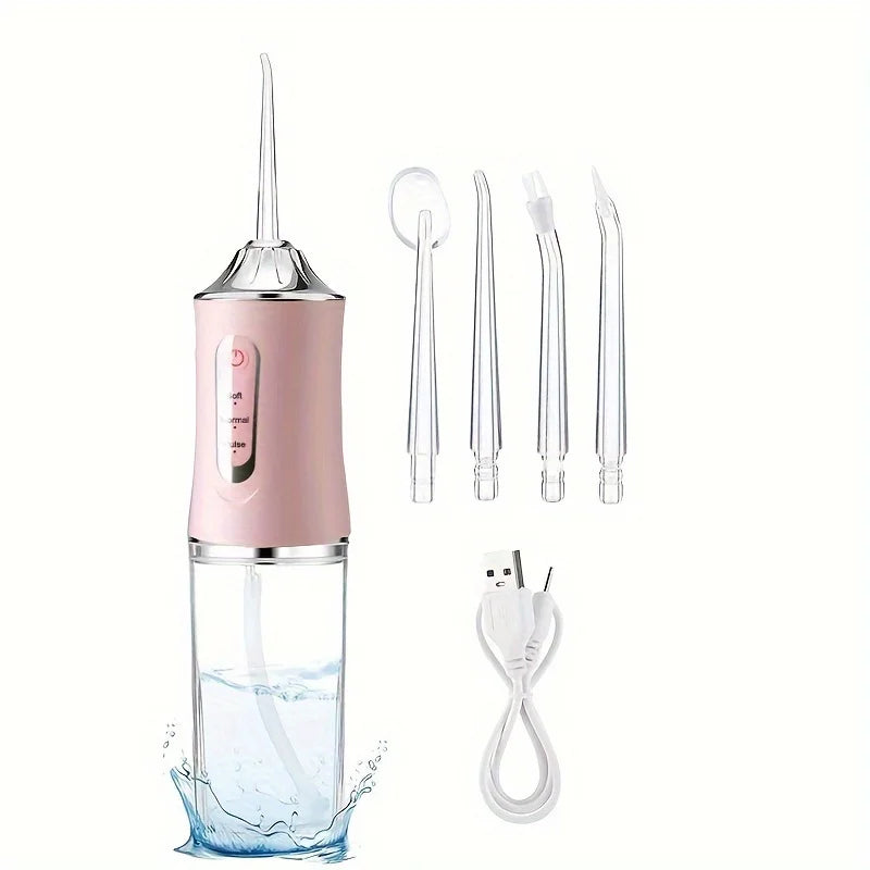 A pink and silver 3-mode rechargeable oral irrigator water flosser with multiple tips and a clear water bottle.