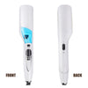 Front and back views of a white professional dual voltage hair straightener iron tool