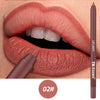 A close-up of a woman's lips showing a deep rosy nude lip liner pencil in a brown tube.