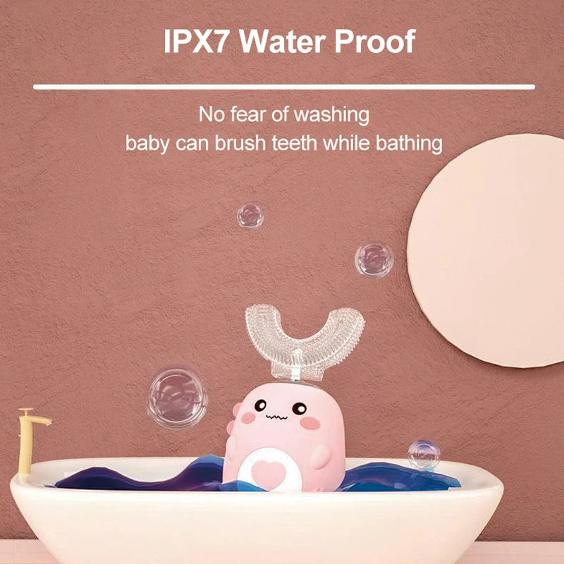 A pink cartoon-designed U-shaped electric toothbrush is shown floating in a bathtub, demonstrating IPX7 waterproof protection