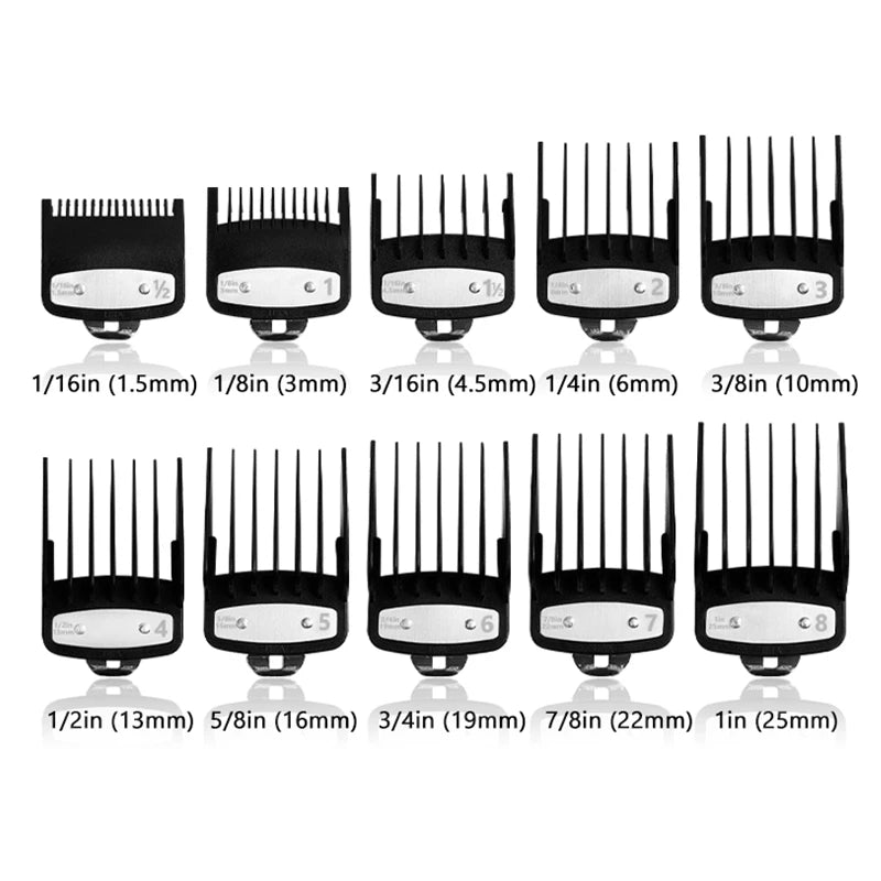 A set of precision hair clipper guide combs in various sizes and thicknesses, ranging from 1/16 inch to 1 inch.