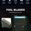 A close-up view of the foil blades on a professional electric shaver for men and beard trimmer.