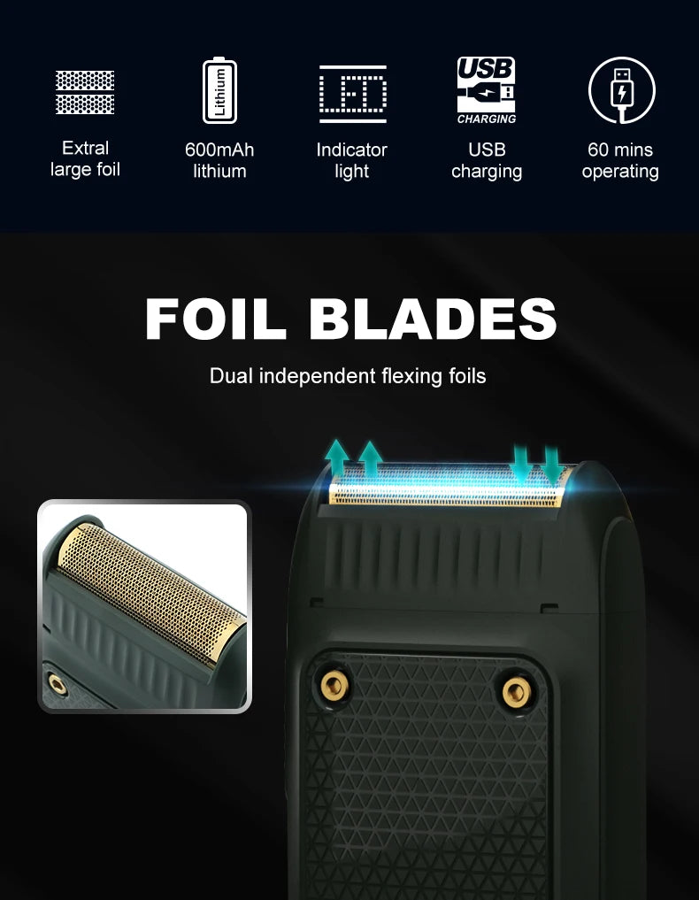 A close-up view of the foil blades on a professional electric shaver for men and beard trimmer.