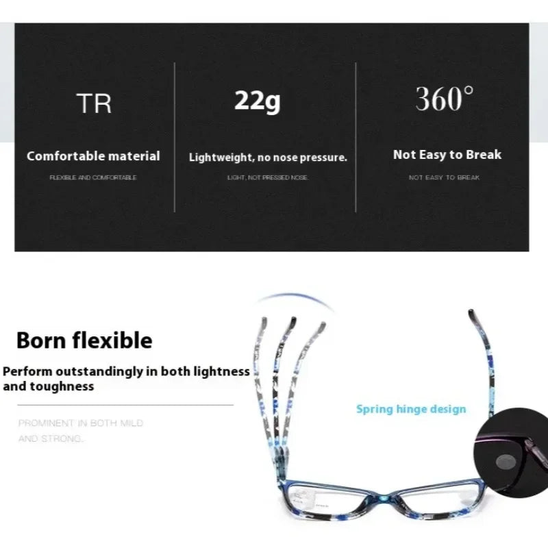 A pair of clear progressive multifocal reading glasses with a spring hinge design shown against a black background.
