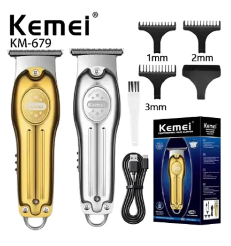 Set professioneller Elektroscheren Kemei KM-679 in Gold und Silber mit verschiedenen Aufsätzen.