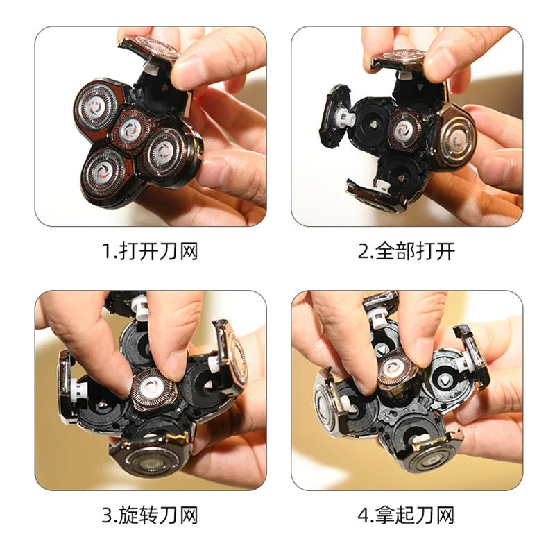 Four steps demonstrating how to replace razor blades for electric shavers.