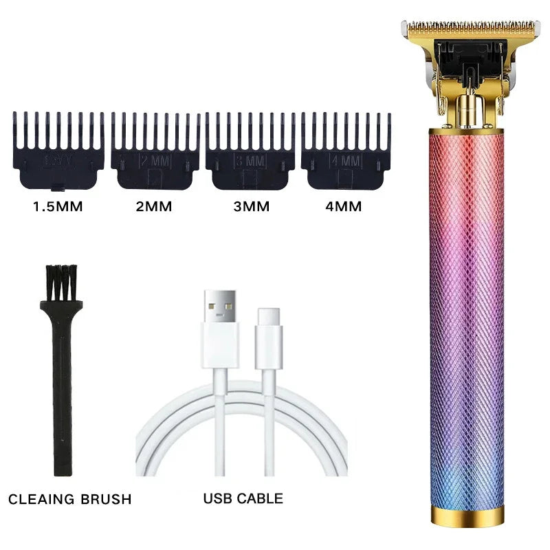 A professional USB rechargeable hair clipper set showing various size guards and a cleaning brush with an accompanying USB ca
