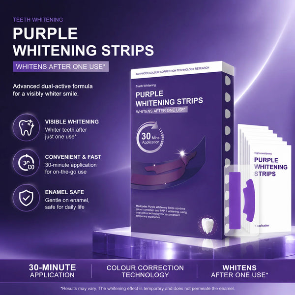 Box of purple whitening strips for teeth shown next to a tooth model and text detailing the product features.
