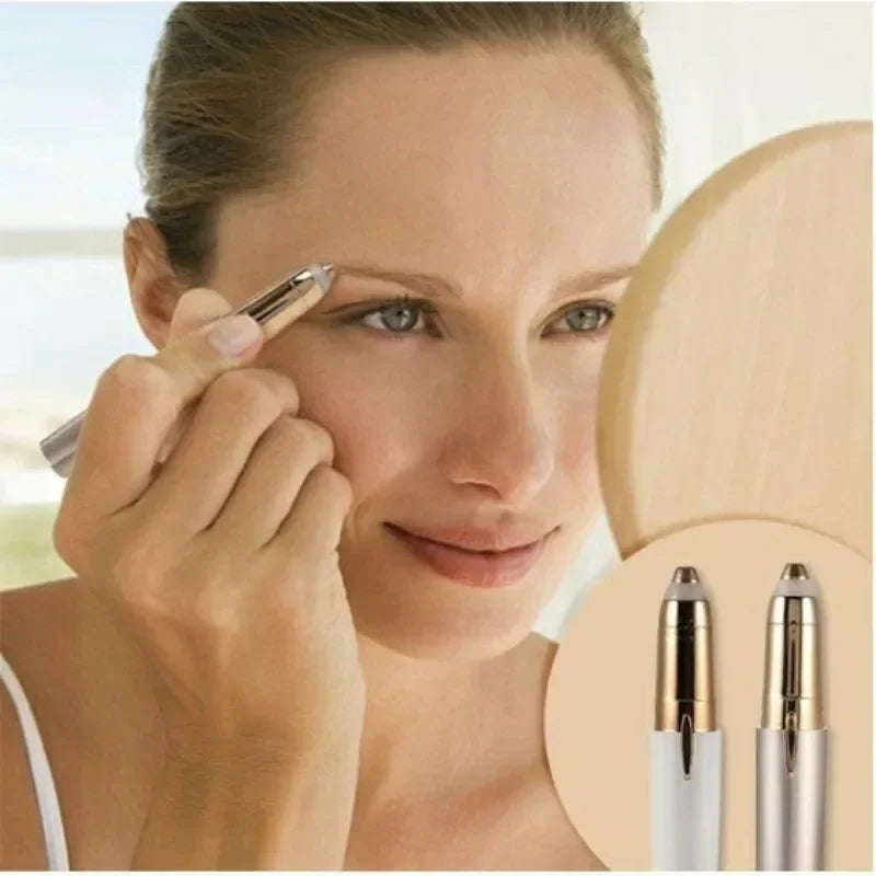 A woman is using a portable electric trimmer to shape her eyebrow and facial hair.