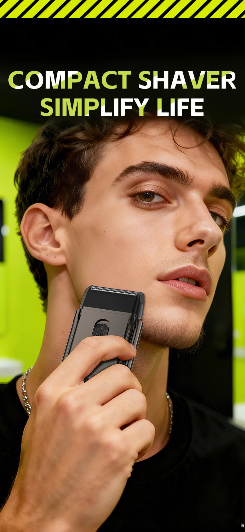 A man holds a compact shaver with precision trimmer against his face, demonstrating its use.