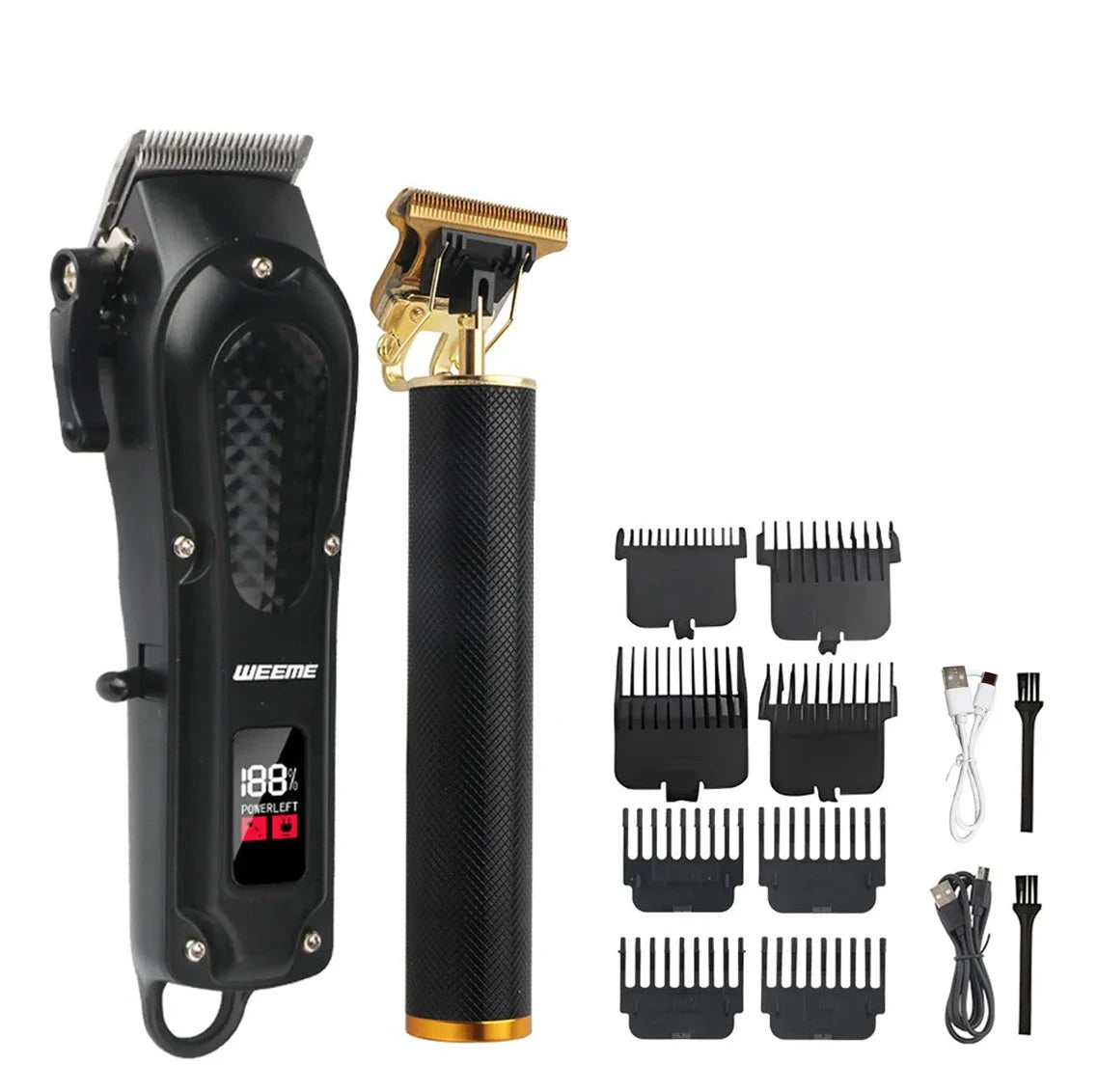 A black vintage cordless electric hair clipper with a gold blade and several replacement blades.