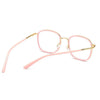 Pink oversized square reading glasses with gold accents and blue light protection.