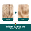 Before and after comparison showing hair smoothing and frizz reduction using a detangling brush