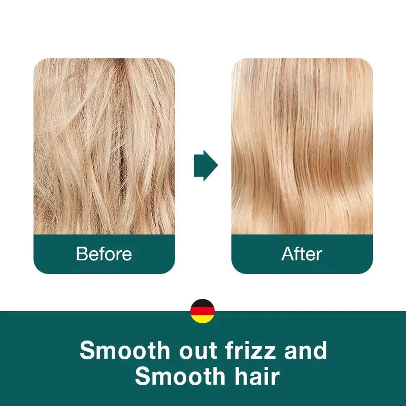 Before and after comparison showing hair smoothing and frizz reduction using a detangling brush