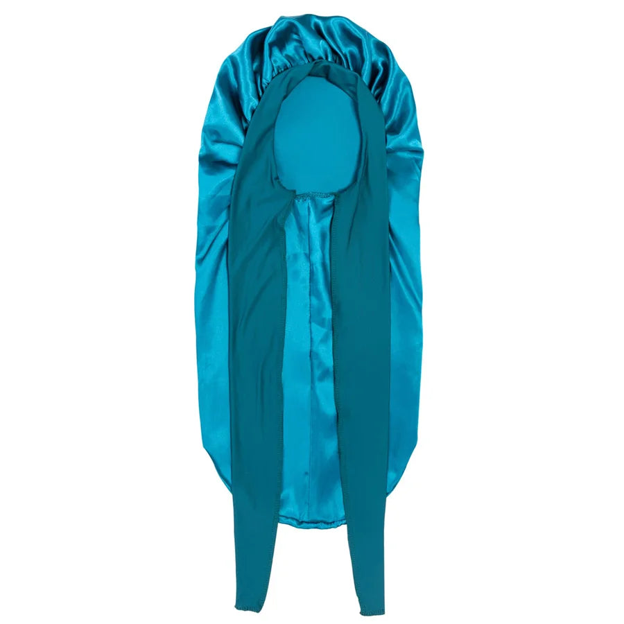 A teal satin silk hair bonnet cap draped and displayed against a white background.