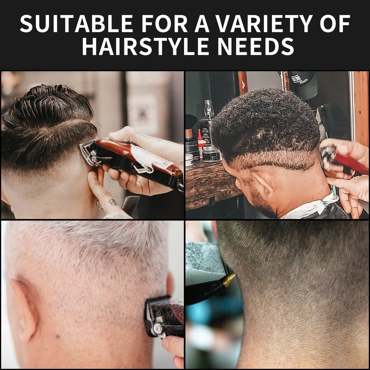Close-up shots showing precision cutting guides being used on various hairstyles with hair clippers and trimmers.