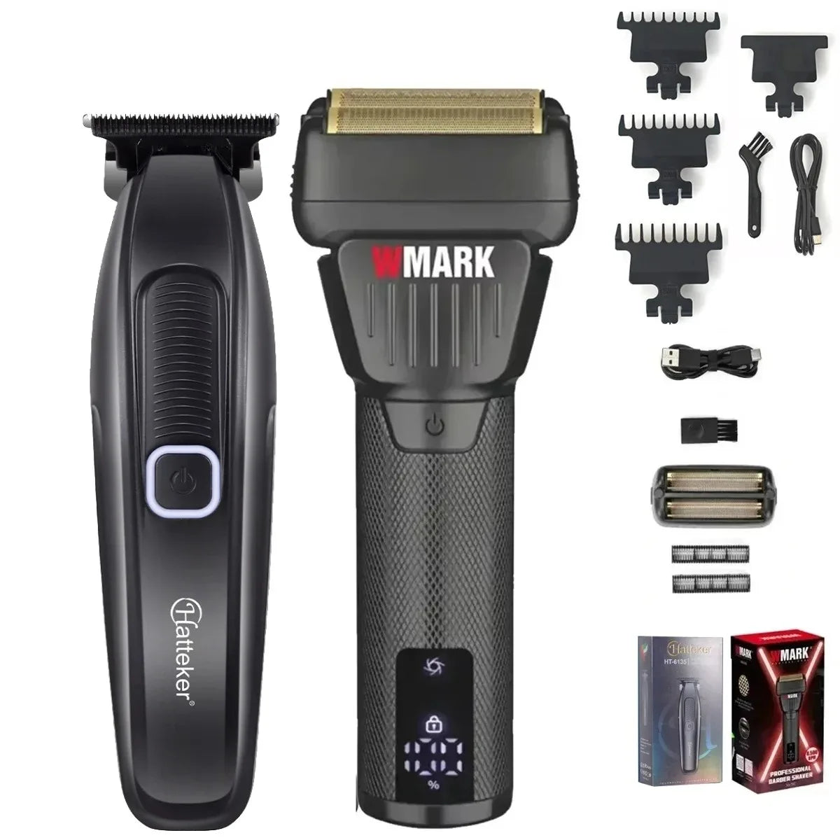 A black professional electric hair clipper trimmer with various attachments shown.