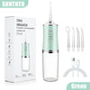 A portable rechargeable electric toothbrush irrigator in green and silver packaging with various tips.