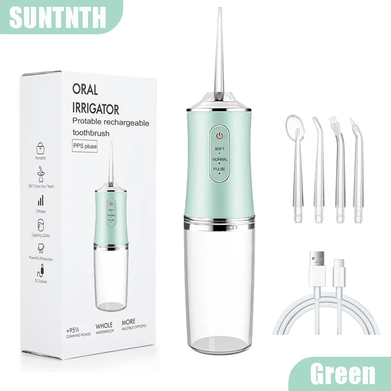 A portable rechargeable electric toothbrush irrigator in green and silver packaging with various tips.