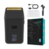 A black electric shaver with a gold foil head and accessories is shown next to its packaging.