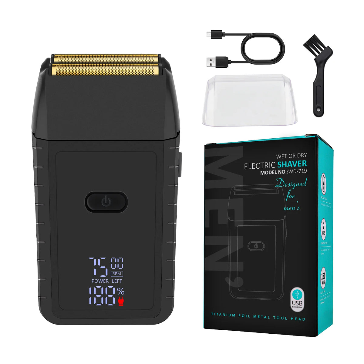 A black electric shaver with a gold foil head and accessories is shown next to its packaging.