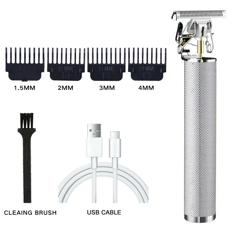 A set of electric hair clipper guards and a cleaning brush with an USB cable shown next to the main unit.