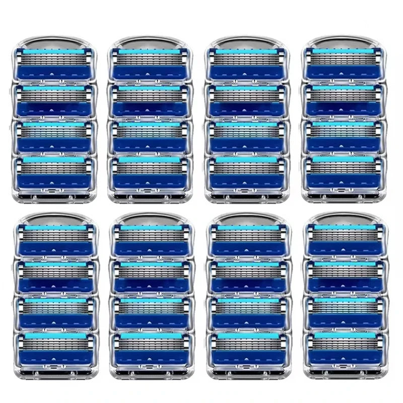 A set of premium five-blade razor replacement heads for men in blue and silver packaging.