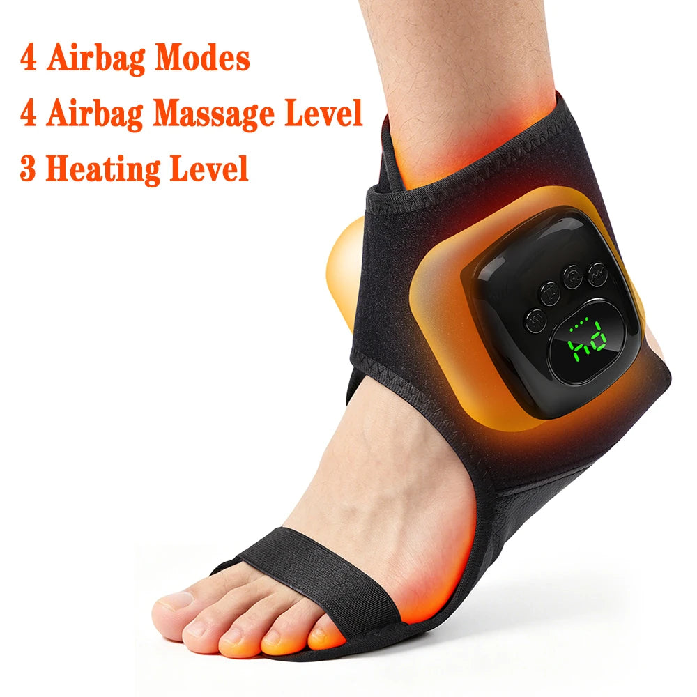 A person's foot is shown wearing a black dual airbag ankle foot massager device.