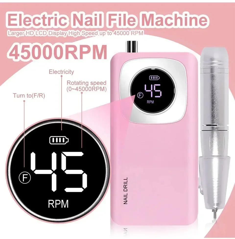 Une lime électrique rose avec affichage numérique 45 tr/min et une mèche attachée.