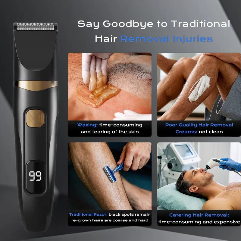 A black electric body hair trimmer with a 99 rating is shown alongside images demonstrating traditional razor injuries and ha