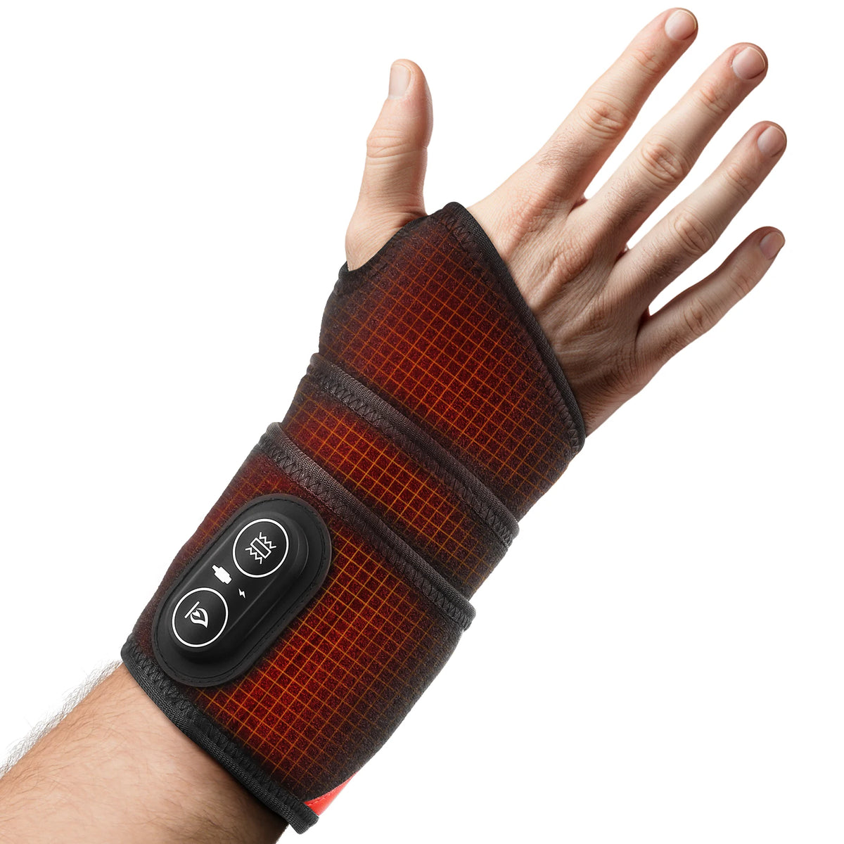 A hand wearing a dark orange wrist support with a black control panel.