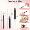 Diagram showing the size and features of a mini brow and eyelash comb set including a firm brush cover, extendable handle, mi