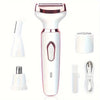 A white electric body hair removal shaver with multiple attachments shown in various configurations.
