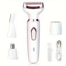 A white electric body hair removal shaver with multiple attachments shown in various configurations.