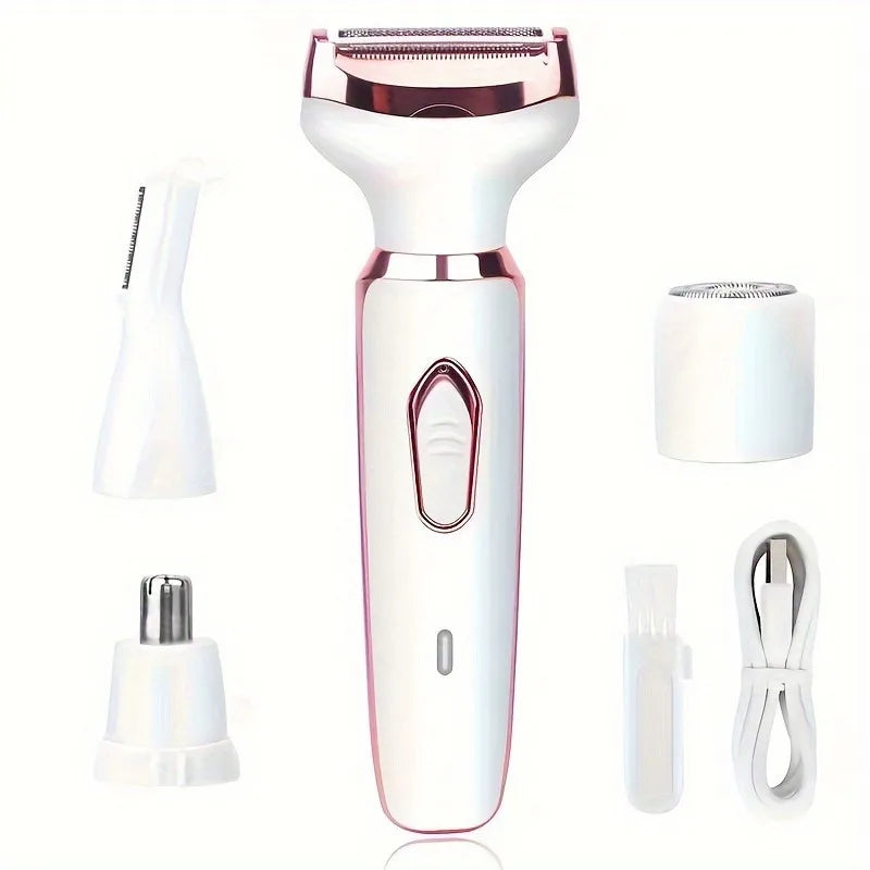 A white electric body hair removal shaver with multiple attachments shown in various configurations.
