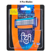Pack of four replacement razor blade heads in a clear plastic case with an orange and blue design.