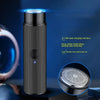 A black portable electric shaver with a glowing head is shown next to details about its dual charging interface and zone flex