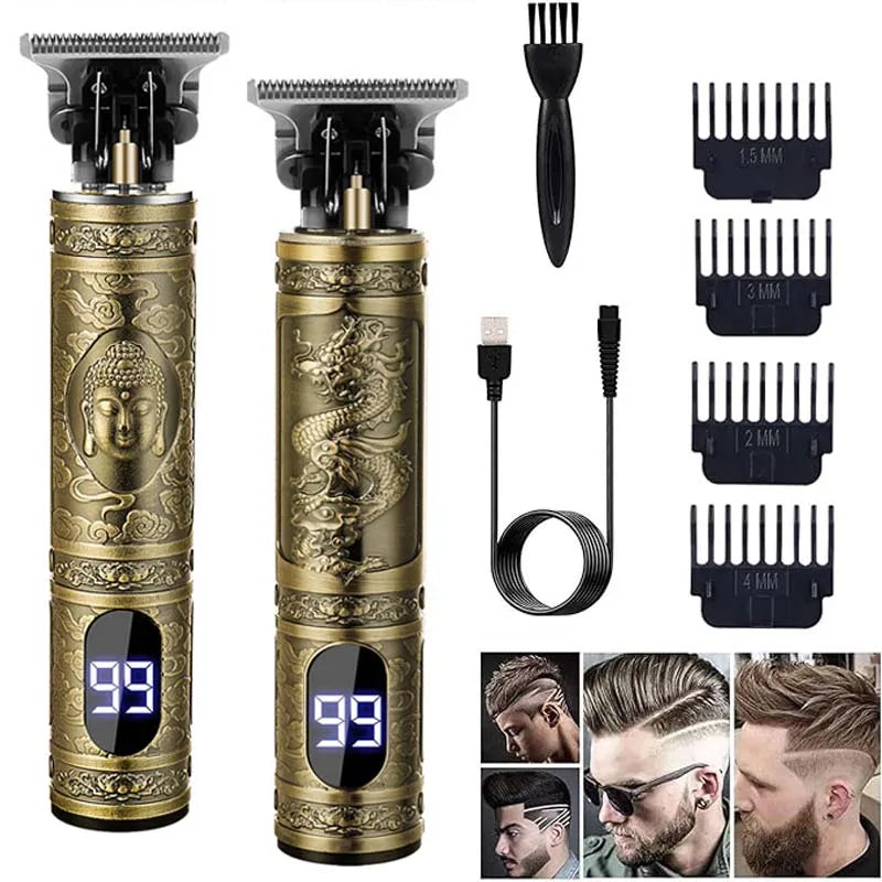 A set of professional wireless beard shaver trimmers in gold and black, showing various trimming attachments.